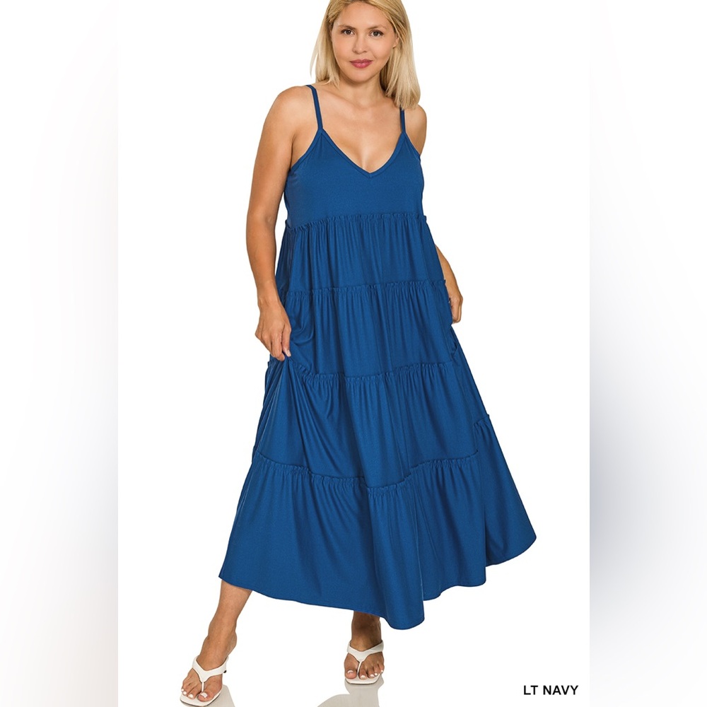 🆕 Zenana PLUS V-NECK CAMI MAXI TIERED DRESS W/ SIDE POCKETS